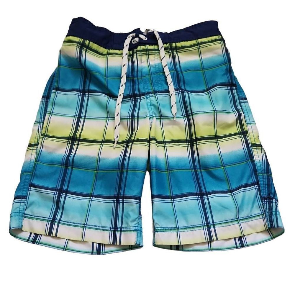 Children's Place Boys Blue & Green Plaid Swim Trunks - Size 10/12